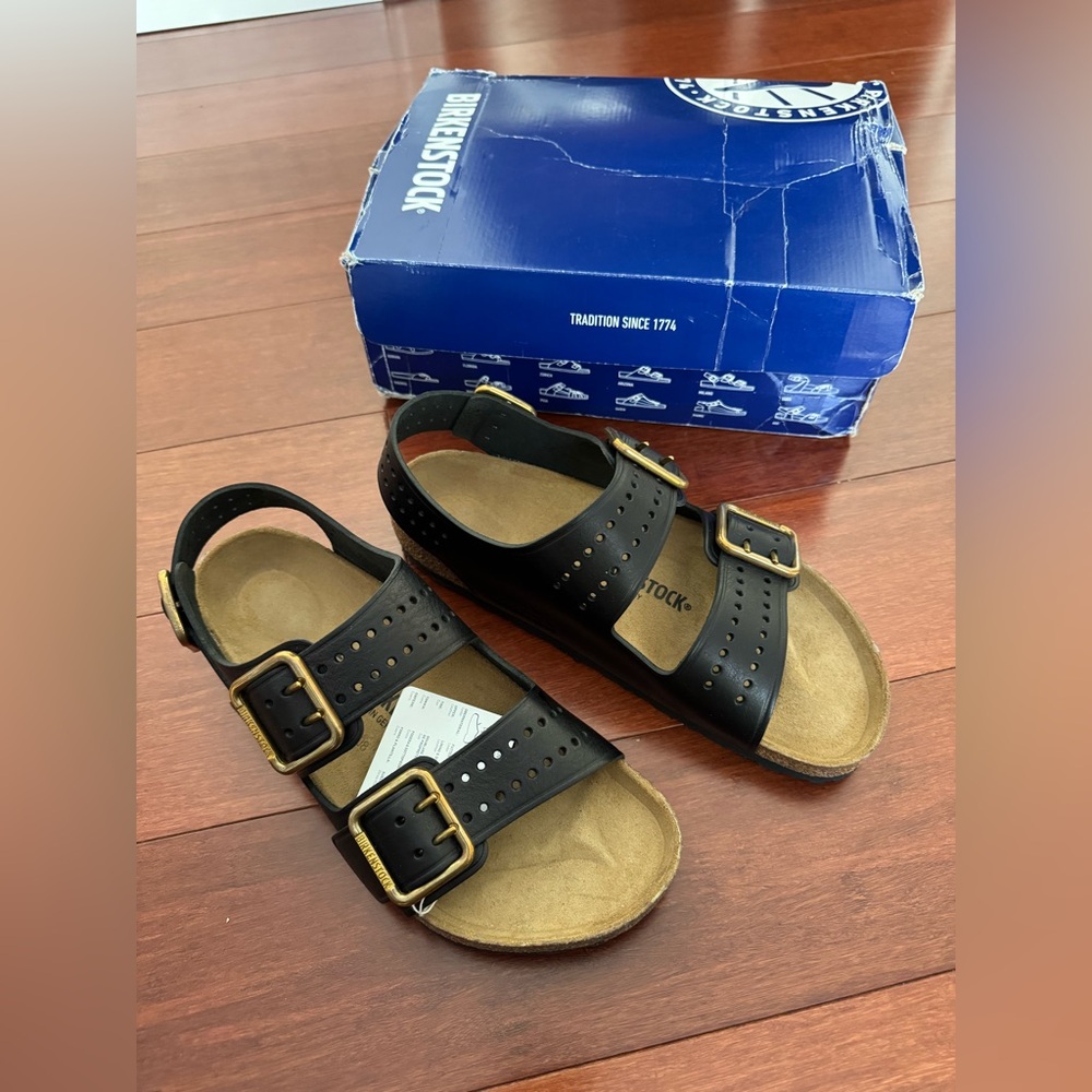 Birkenstock Men Leather Milano Bold Buckle Sandals Black various size available